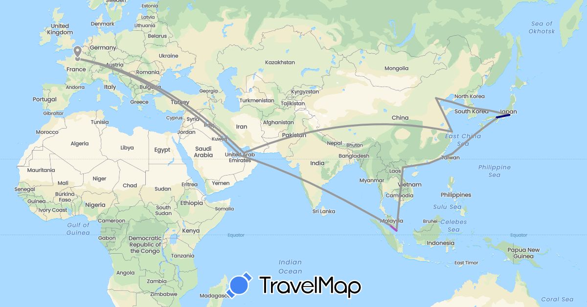 TravelMap itinerary: driving, plane, train in United Arab Emirates, China, France, Japan, South Korea, Malaysia, Singapore, Taiwan, Vietnam (Asia, Europe)