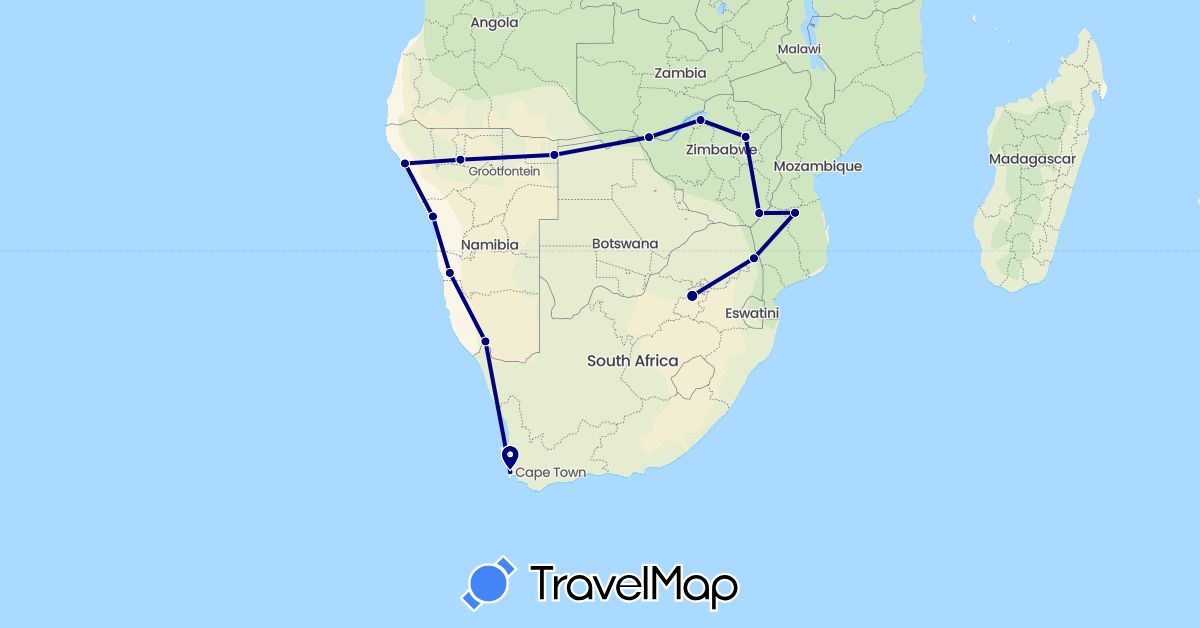 TravelMap itinerary: driving in Mozambique, Namibia, South Africa, Zambia, Zimbabwe (Africa)